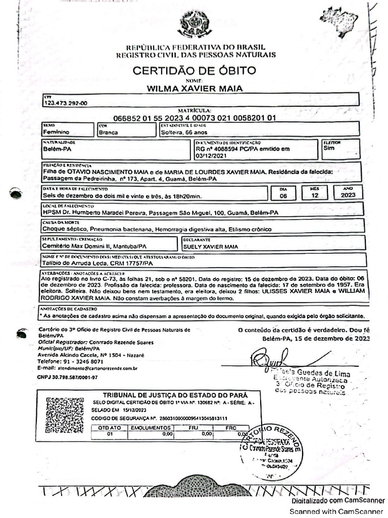 Certidão De óbito Wilma Xavier Pdf