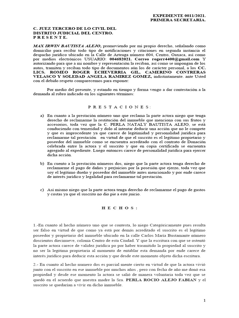 Contestación a Demanda de Restitución Inmueble | PDF | Sentencia (ley ...