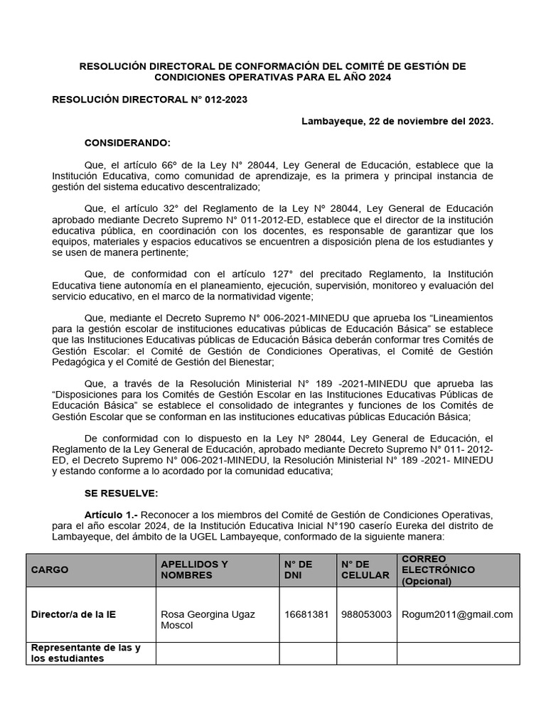 Modelo de Resolución Directoral 2024 | PDF | Regulación