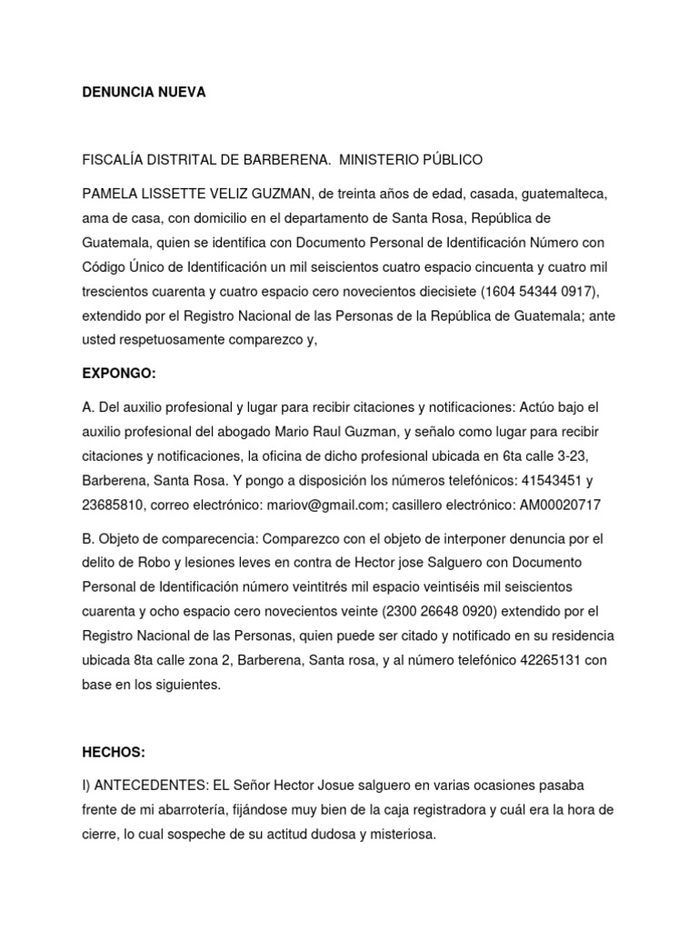 Denuncia de Robo y Lesiones en Guatemala | PDF | Justicia | Crimen y ...