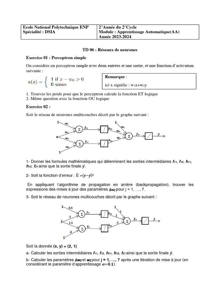 Exercices sur les Perceptrons et Réseaux de Neurones | PDF | Réseau de ...