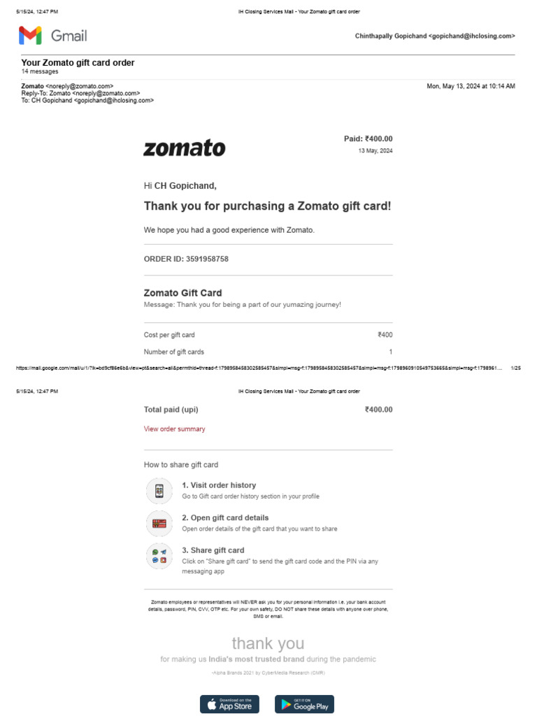 IH Closing Services Mail - Your Zomato Gift Card Order 3 | PDF | Gift ...