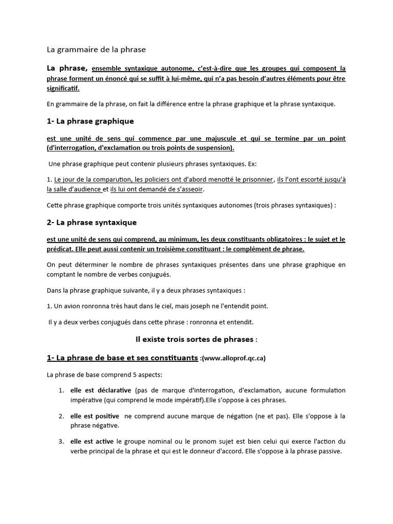 Grammaire des phrases et leurs types | PDF | Phrase | Sujet (Grammaire)