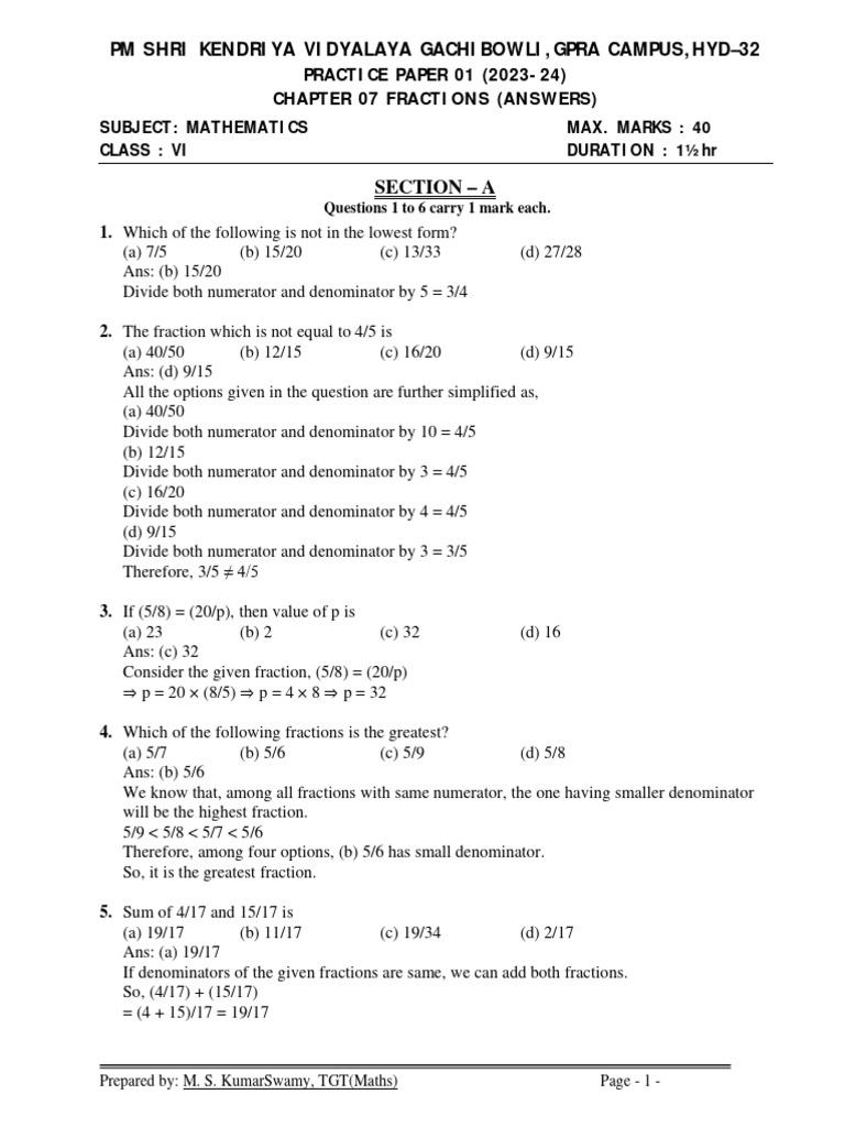 Fraction Practice Paper for Class VI | PDF | Mathematical Notation ...
