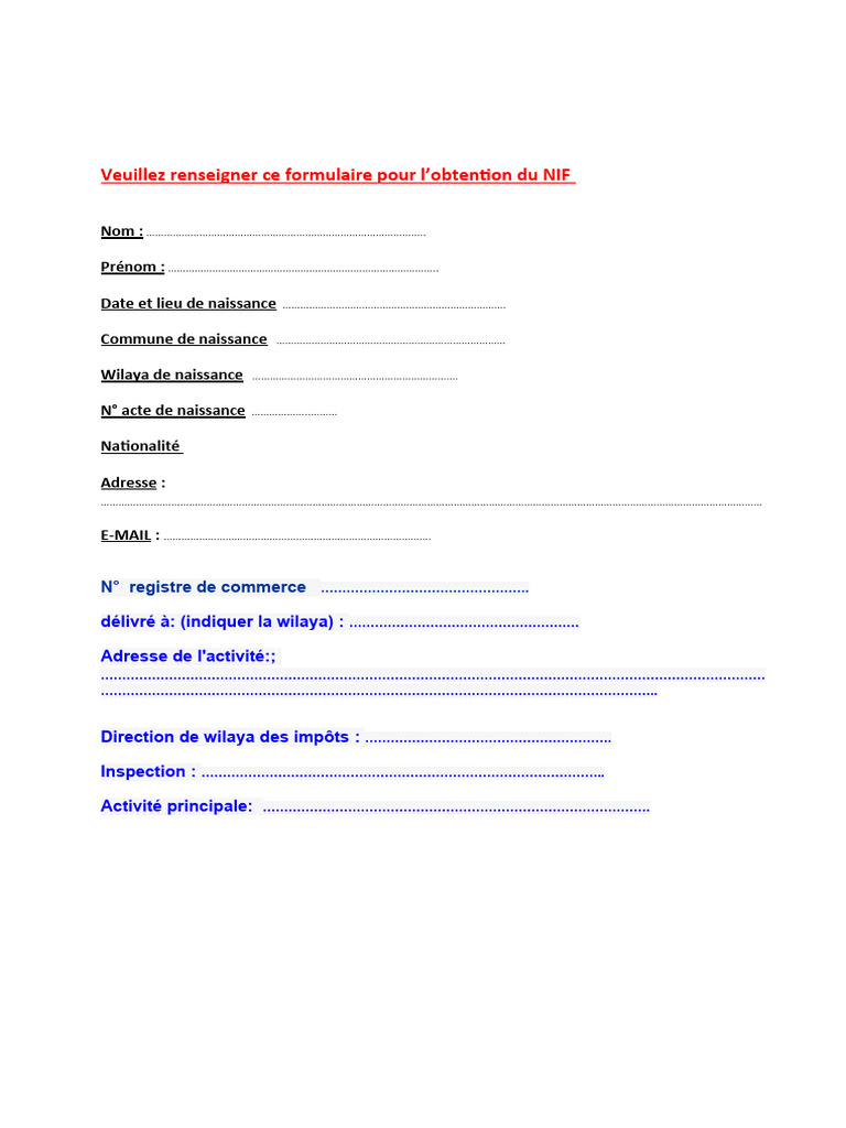Formulaire Pour NIF | PDF