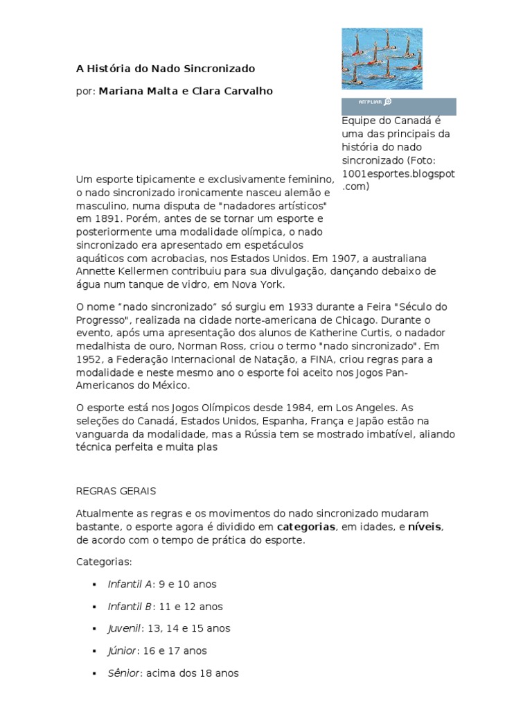 A História Do Nado Sincronizado PDF Esportes Entretenimento (geral)