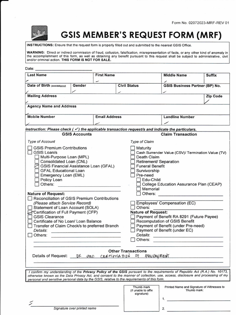 GSIS Member's Request Form (MRF) | PDF | Cheque | Financial Services