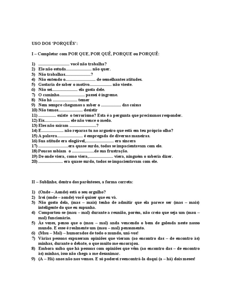 Exercícios sobre o Uso dos Porquês | PDF