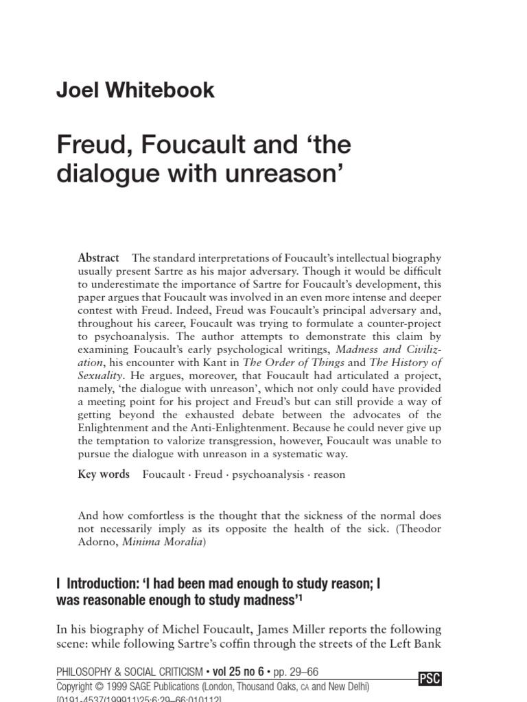 Freud, Foucault and The Dialogue With Unreason': Joel Whitebook | PDF ...