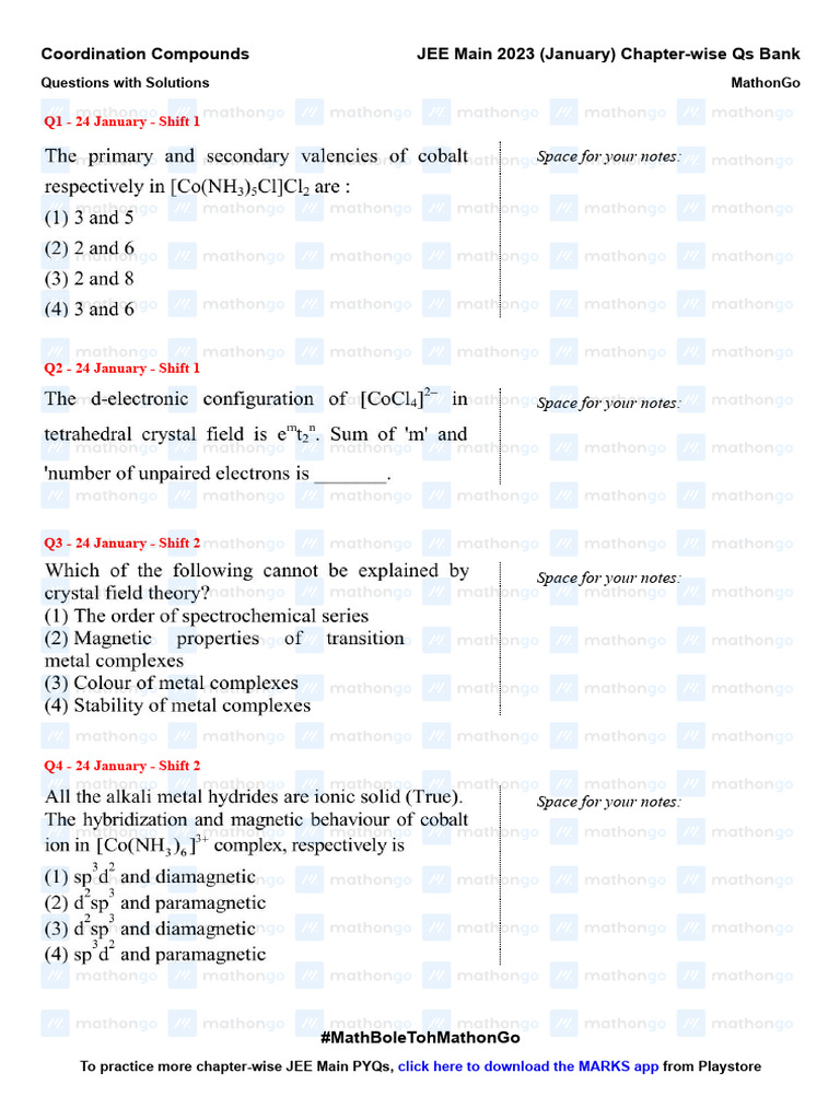 Coordination Compounds - JEE Main 2023 January Chapter Wise Questions ...