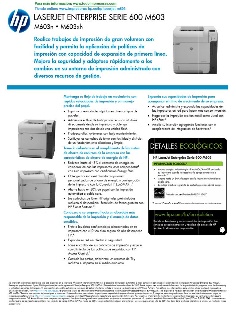 Caracteristicas Impresora HP Laserjet m603 | PDF | Impresora ...