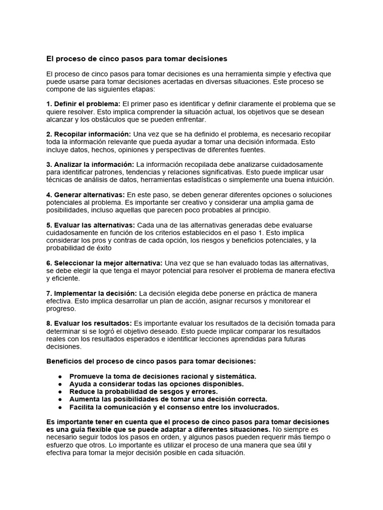 Proceso de 5 Pasos para Decidir Mejor | PDF | Toma de decisiones ...