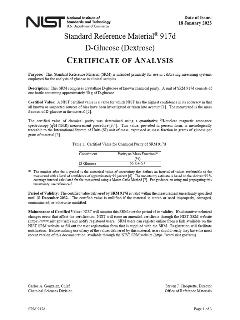 Standard reference material 917d d glucose dextrose ertificate of
