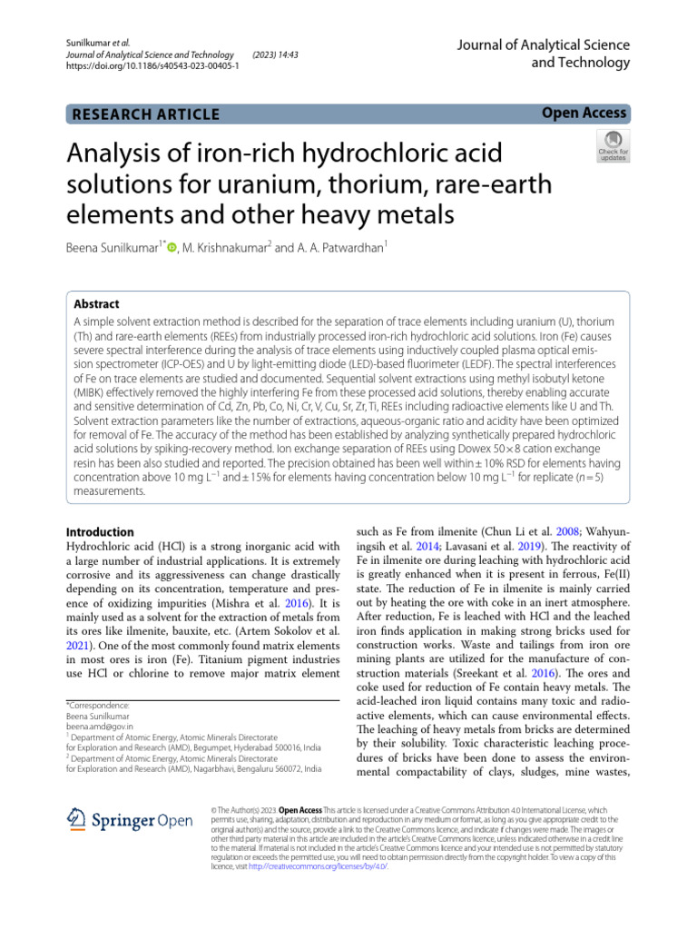 Analysis of Iron-Rich Hydrochloric Acid Solutions For Uranium, Thorium ...