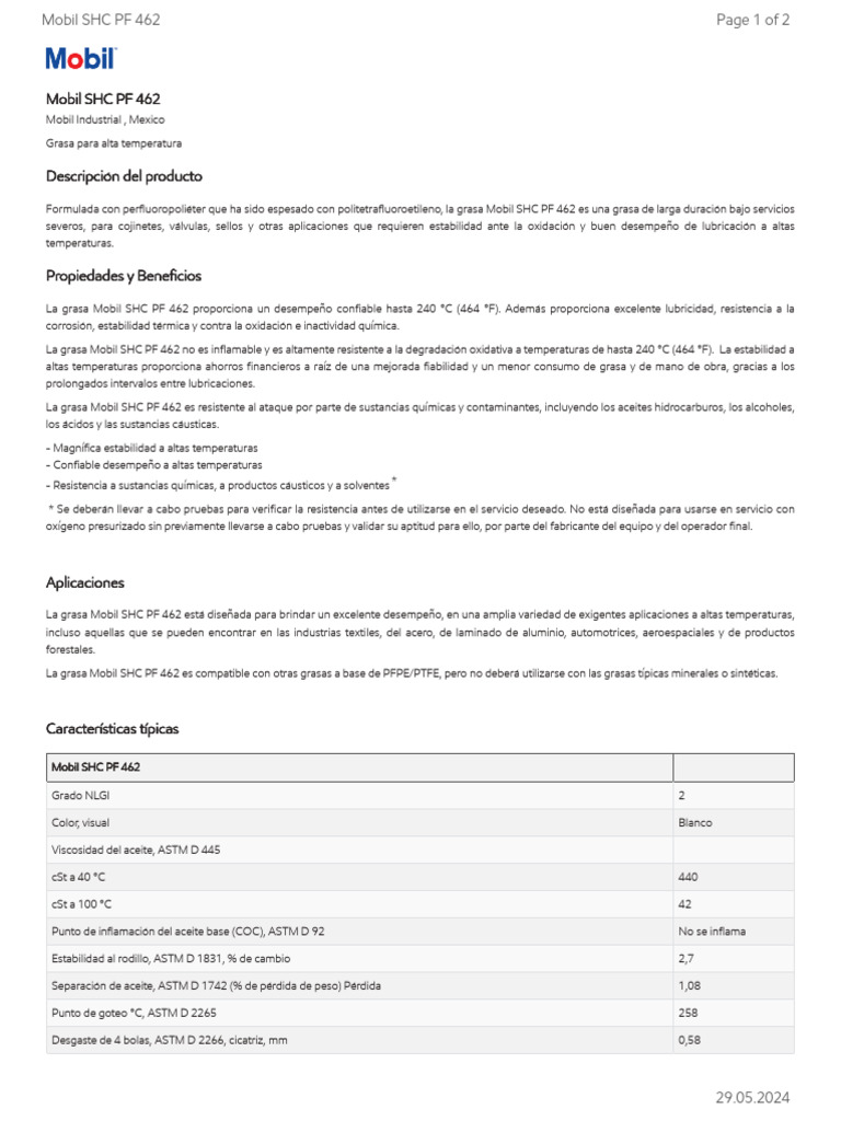 GL XX Mobil SHC PF 462 | PDF | Materiales | Sustancias químicas