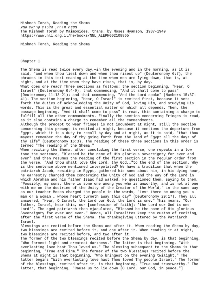 Mishneh torah reading the shema en the mishneh torah by maimonides