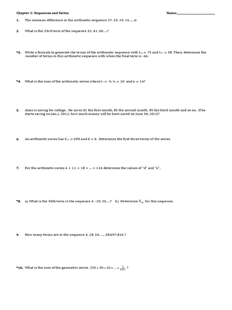 Grade 10 Arithmetic Sequence Worksheet | PDF | Mathematics ...