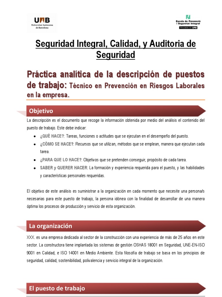 Descripción de los puestos de trabajo, ejemplo práctico