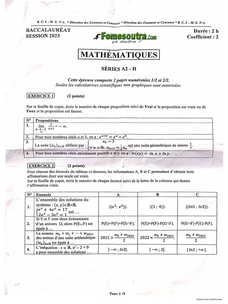 Sujet Maths Bac 2023 Serie A2 by Tehua | PDF