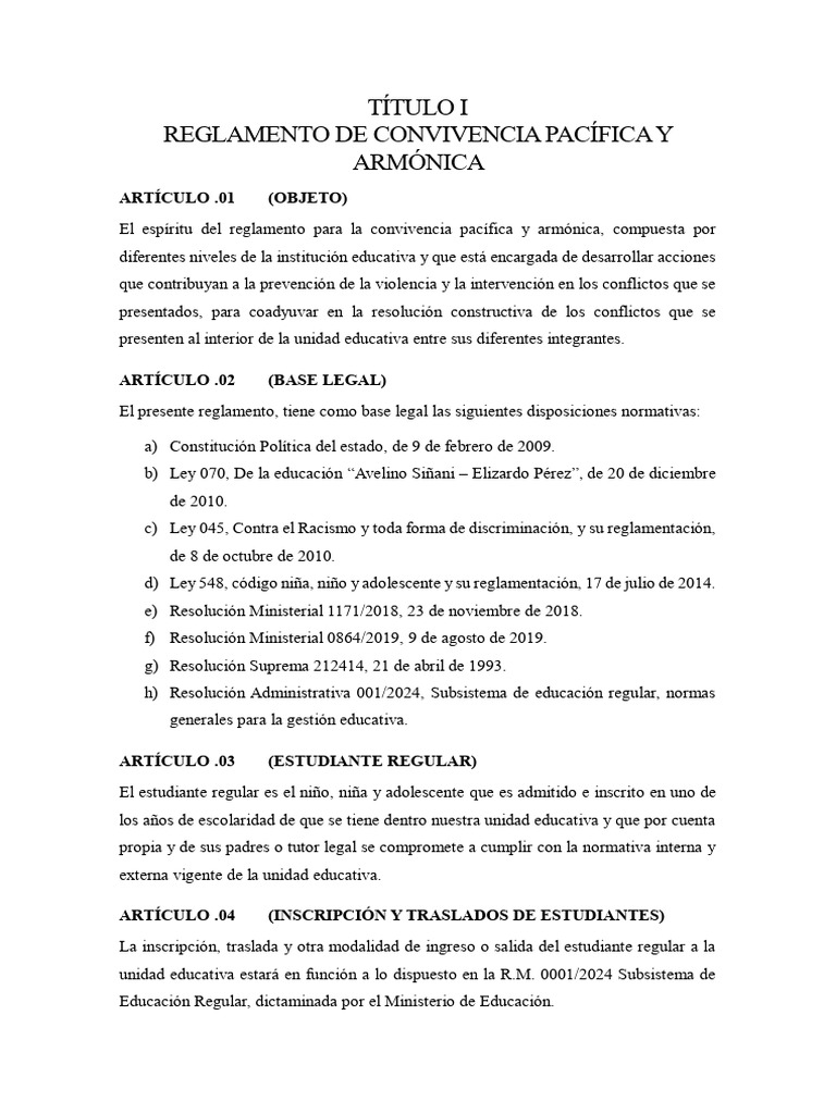 Reglamento de Convivencia Escolar 2024 | PDF | Regulación | Maestros