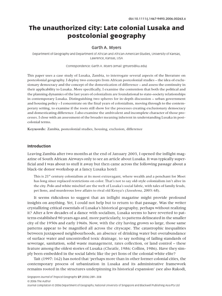 Postcolonial Geography of Lusaka | PDF | Postcolonialism | Colonialism
