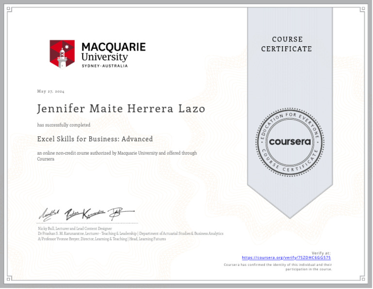 Advanced Excel Course Completion Certificate | PDF