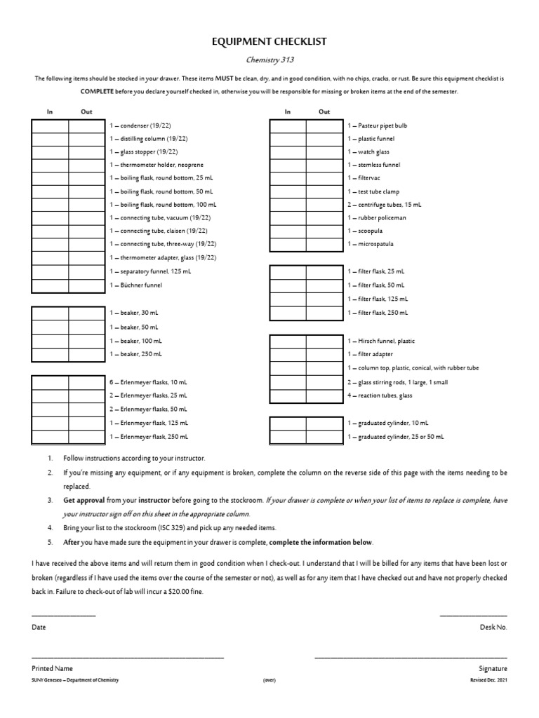Chemistry 313 Equipment Checklist | PDF | Laboratory Equipment