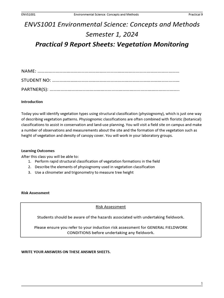 Vegetation Monitoring Report ENVS1001 | PDF | Vegetation | Earth Sciences