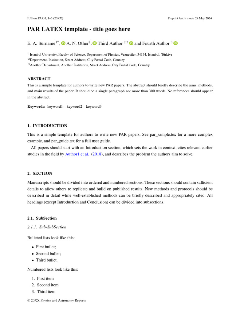 Physics and Astronomy Reports Latex Template Download Free PDF