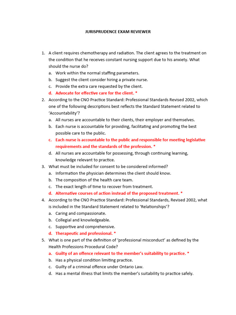 CNO Jurisprudence Exam Review Guide | PDF | Nursing | Informed Consent