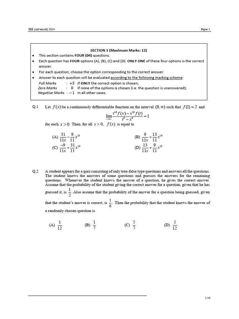 JEE Advanced 2024 Paper 1 Overview | PDF | Quantity | Metrology