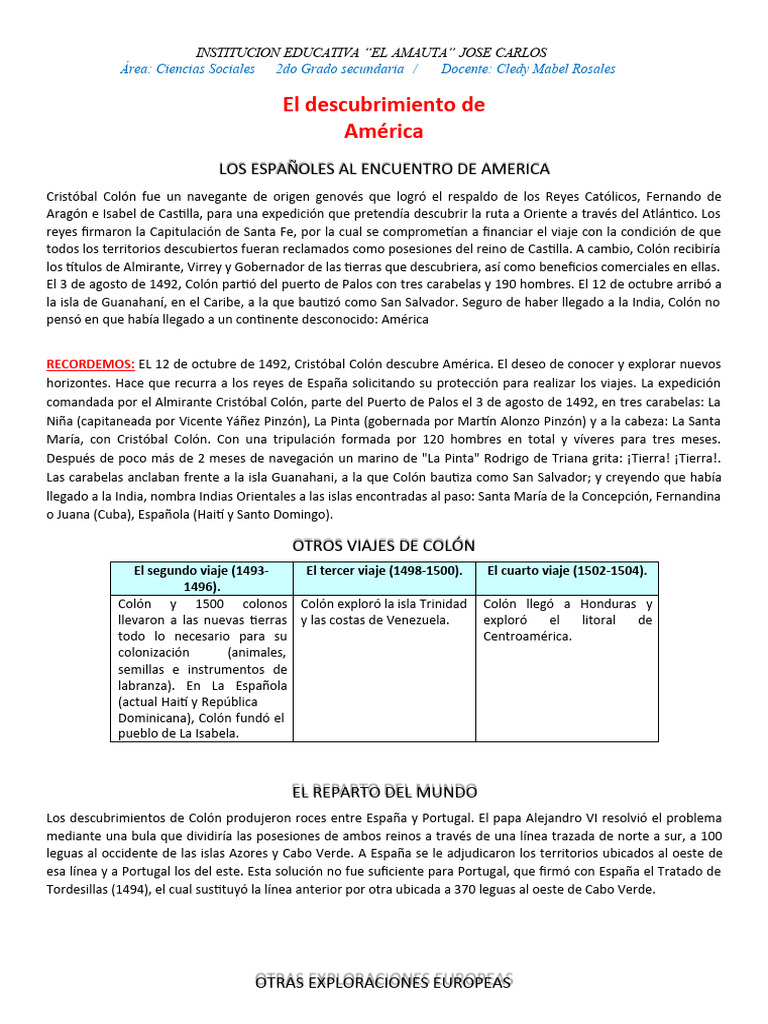 FICHA DE ACTIVIDAD CCSS 2DO-SEMANA 2 Im | PDF | Cristobal colon ...