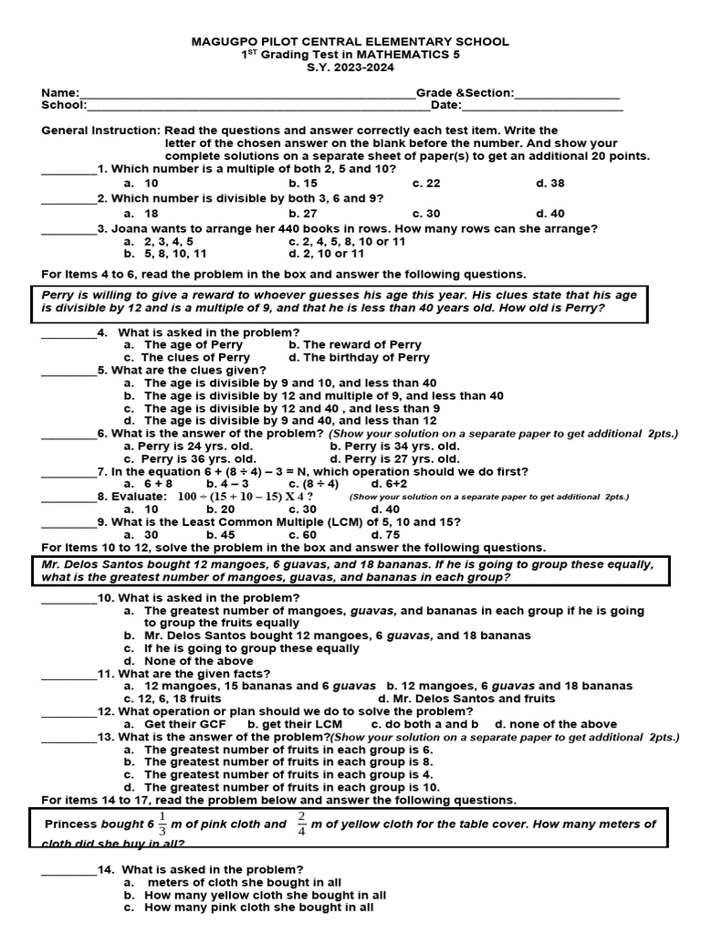 1st Quarter Math Test 2023 2024 | PDF | Multiplication | Elementary ...