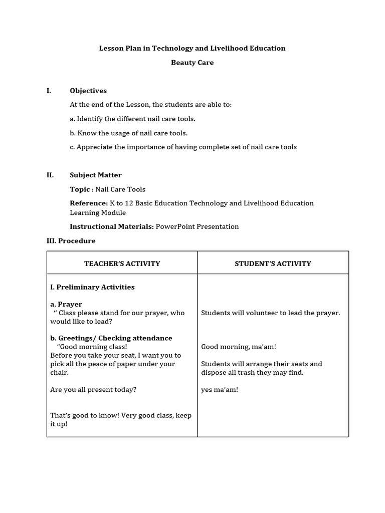 Lesson Plan in Technology and Livelihood Education | PDF | Nail ...