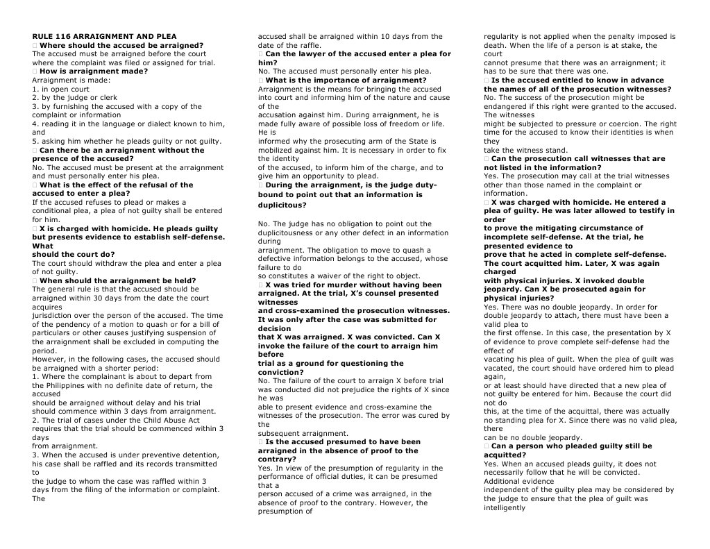 Rule 116: Arraignment and Plea Guide | PDF | Arraignment | Plea