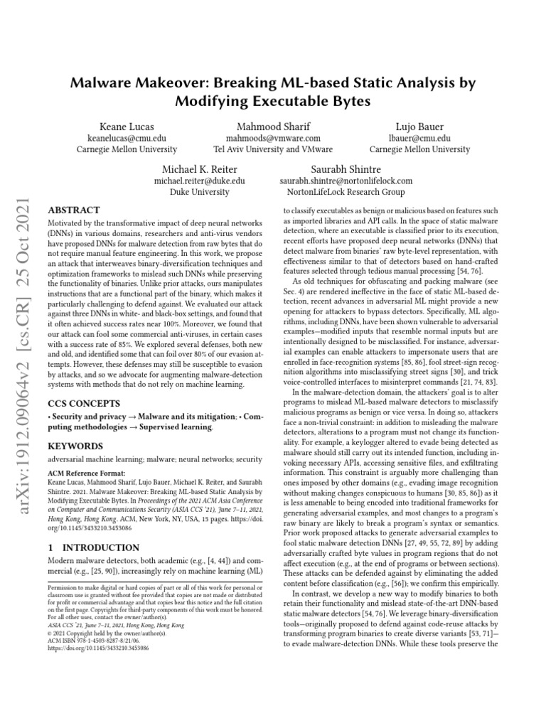 Malware Makeover: Breaking ML-based Static Analysis by Modifying ...