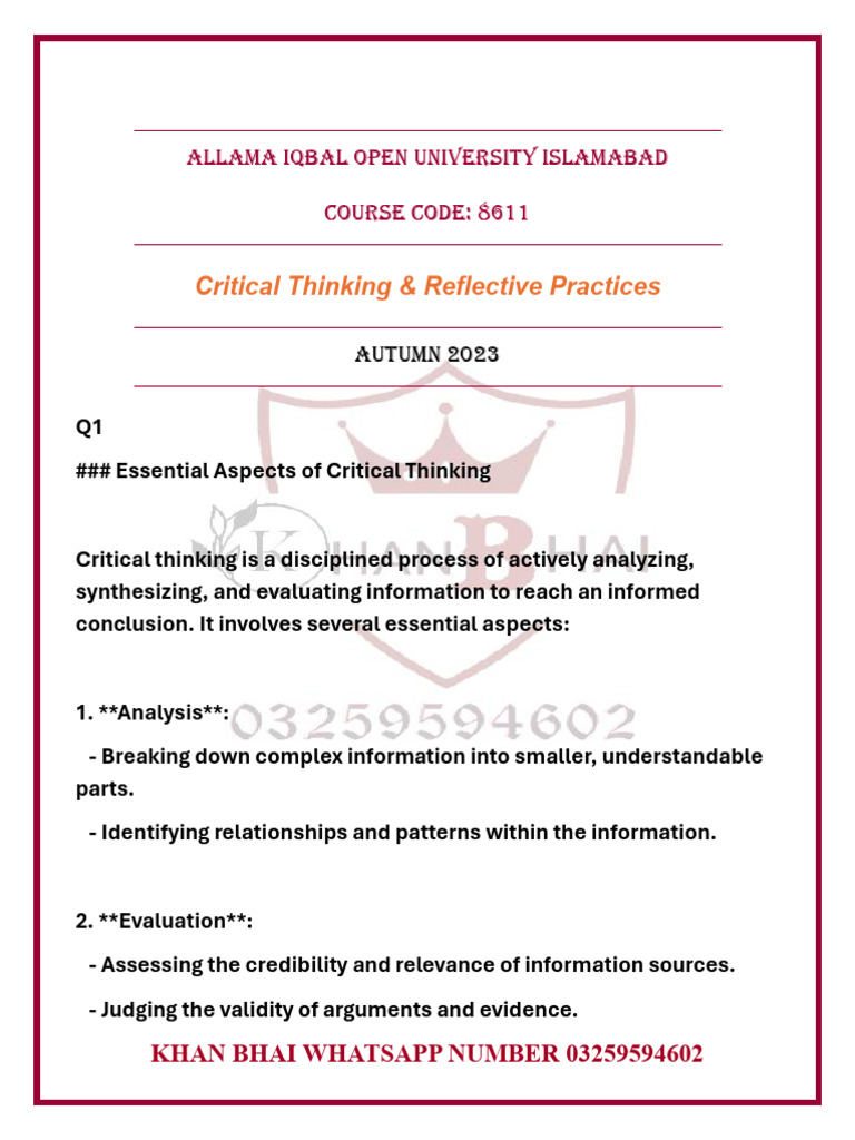8611 Autumn 2023 | PDF | Critical Thinking | Reflective Practice