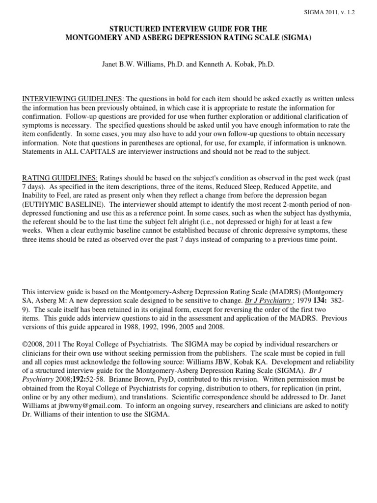 SIGMA Guide for MADRS Assessment | PDF | Sleep | Feeling