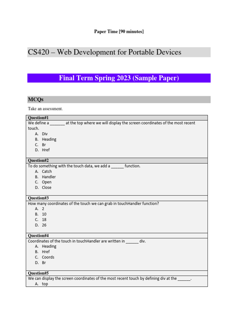 CS420 Final Term Sample Paper 2023 | PDF | Cursor (User Interface ...