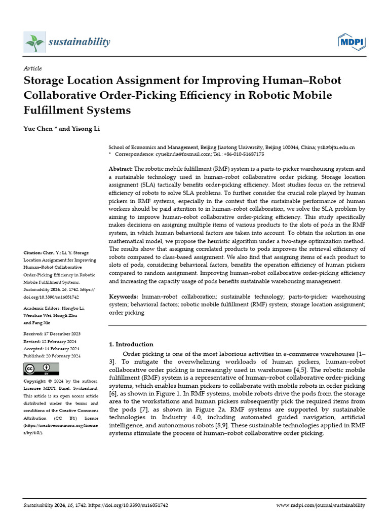 Storage Location Assignment For Improving Human | PDF | Warehouse | Robot