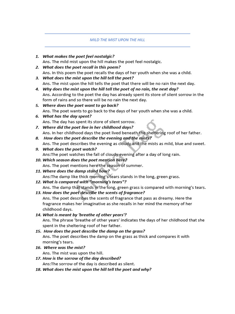 Class 9: Mild Mist Poem Q&A | PDF | Odor