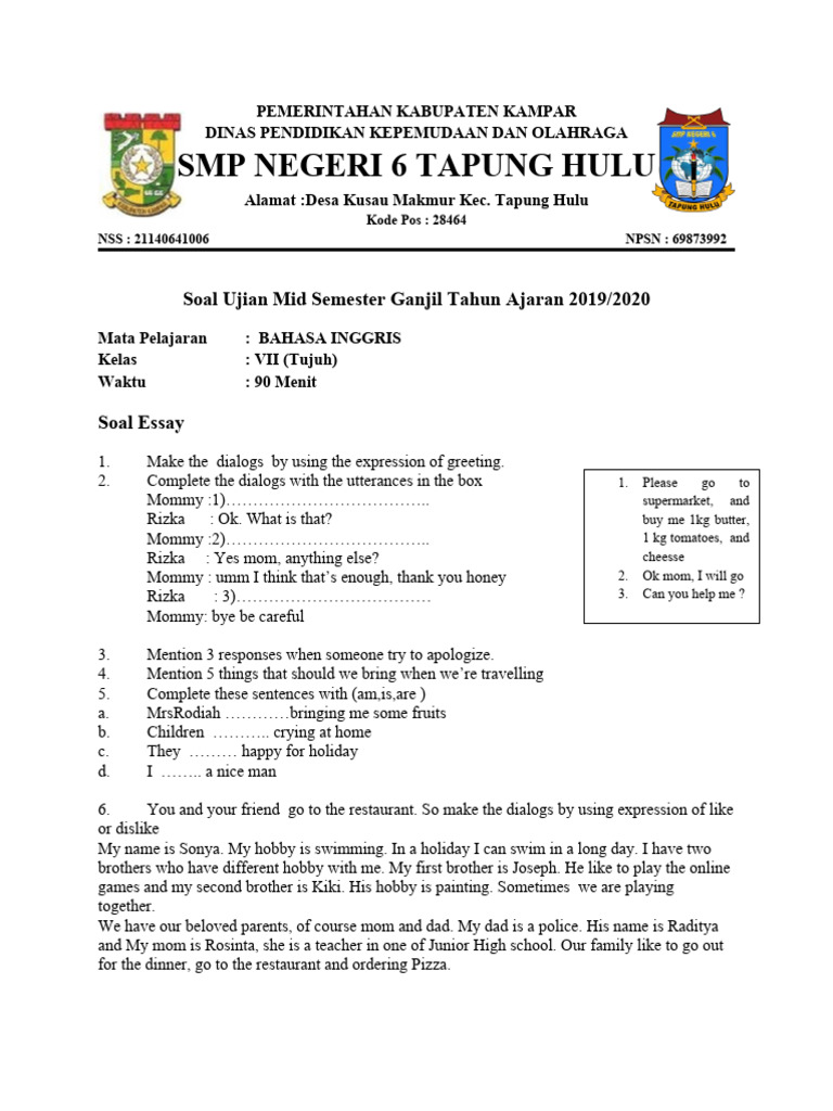 Soal Essay Bahasa Inggris Kelas 7 | PDF | Language Arts & Discipline ...