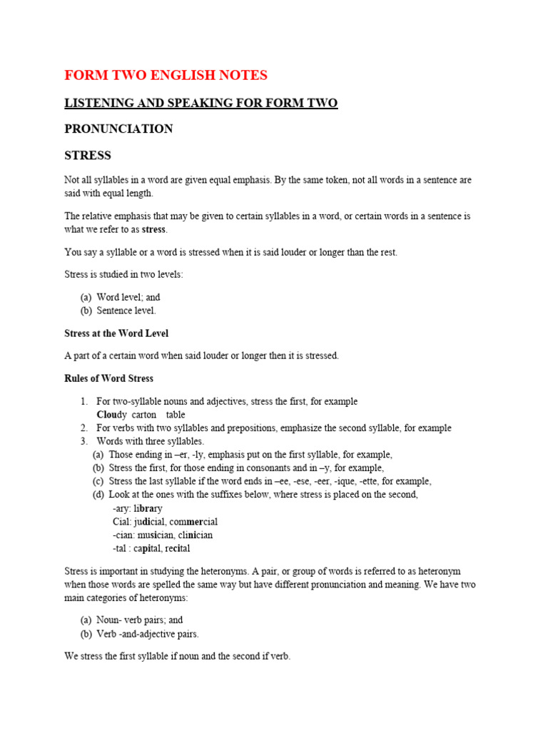 Form Two English Grammar Notes | PDF | Stress (Linguistics ...