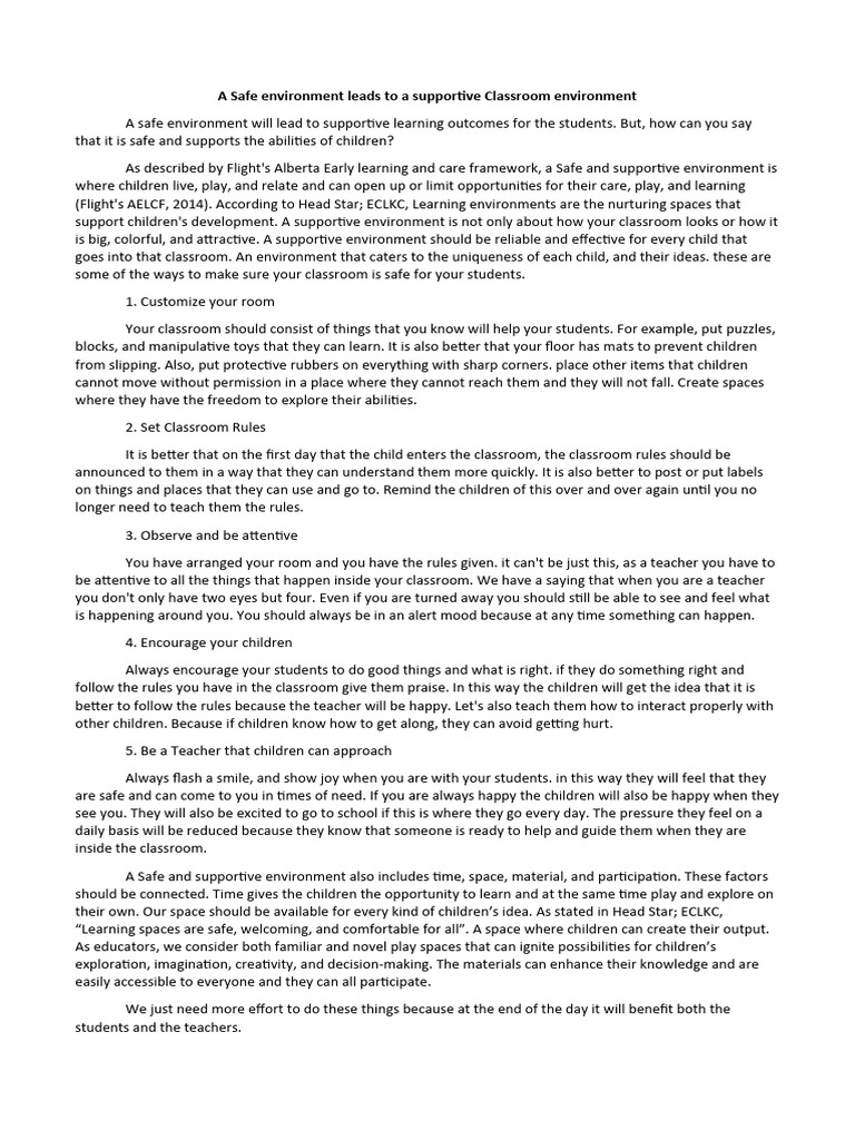A safe environment leads to a supportive classroom environment pdf