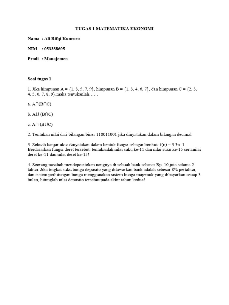 Tugas 1 Matematika Ekonomi Ali Rifqi | PDF | Metode & Bahan Ajar ...