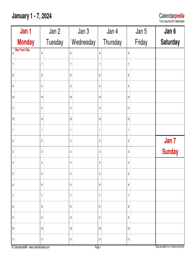 Weekly Calendar 2024 Landscape 6 Columns | PDF