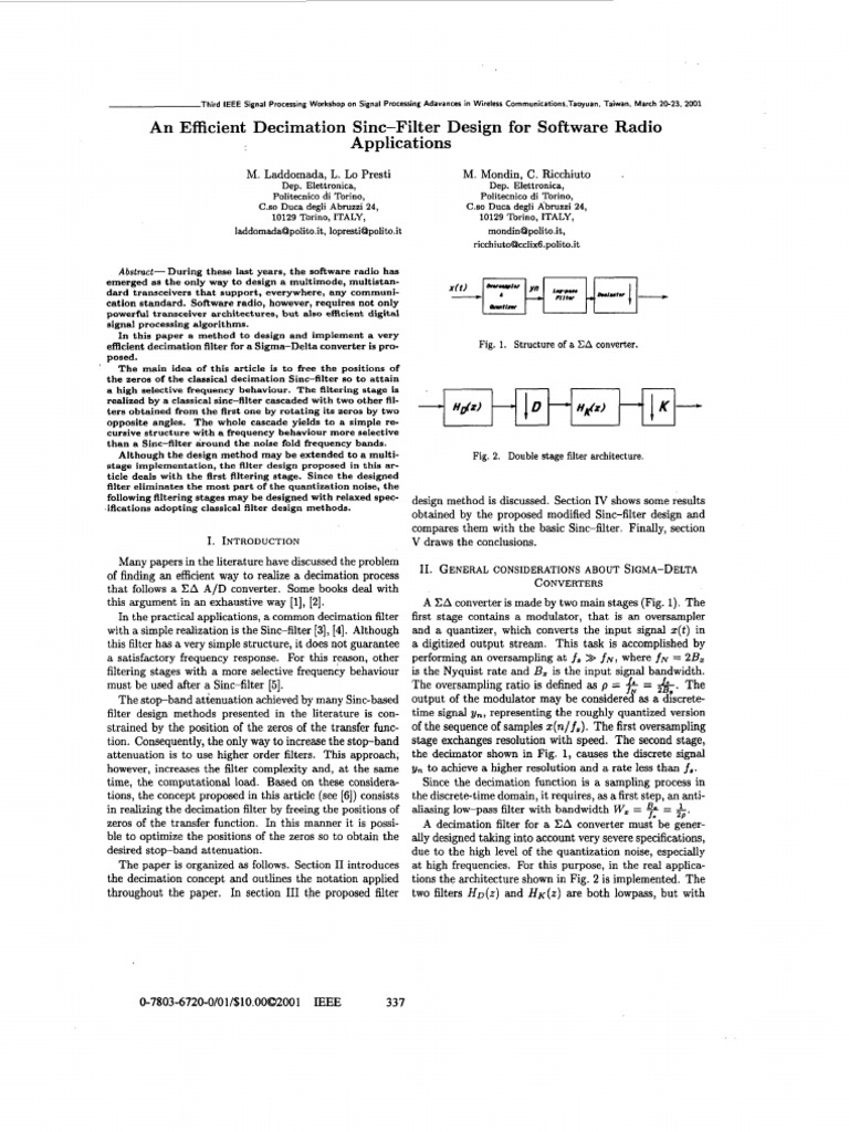 An Efficient Decimation SincFilter Design For Software Radio