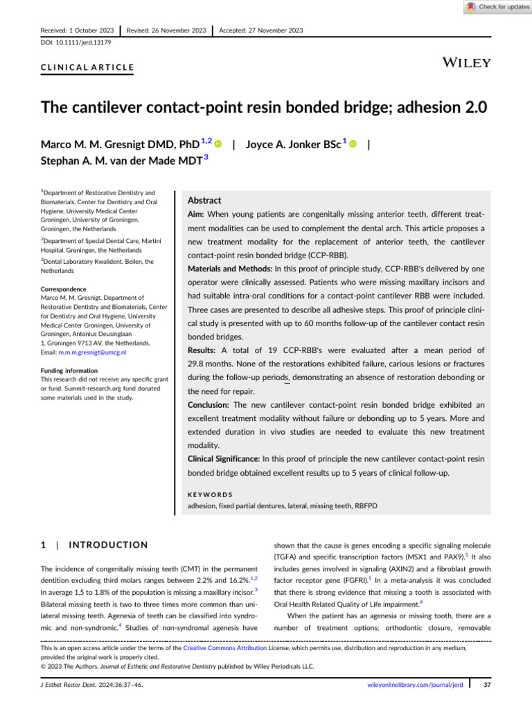 Gresnigt2023 The Cantilever Contact Point Resin Bonded Bridge
