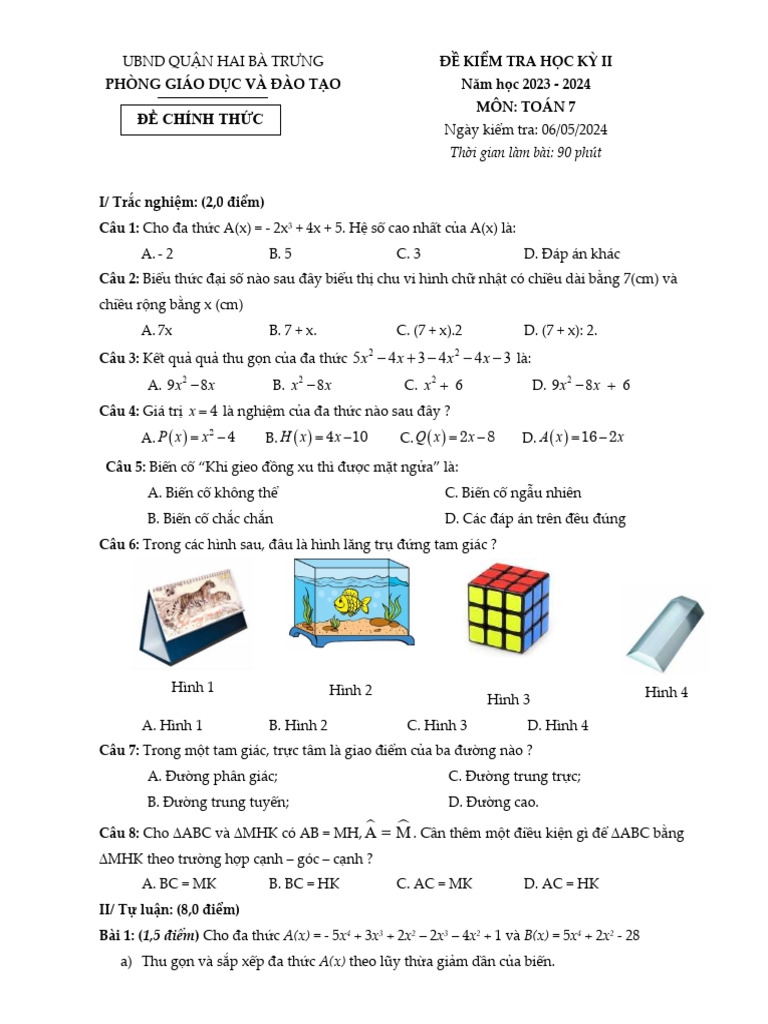 De Hoc Ky 2 Toan 7 Nam 2023 2024 Phong GDDT Hai Ba Trung Ha Noi | PDF
