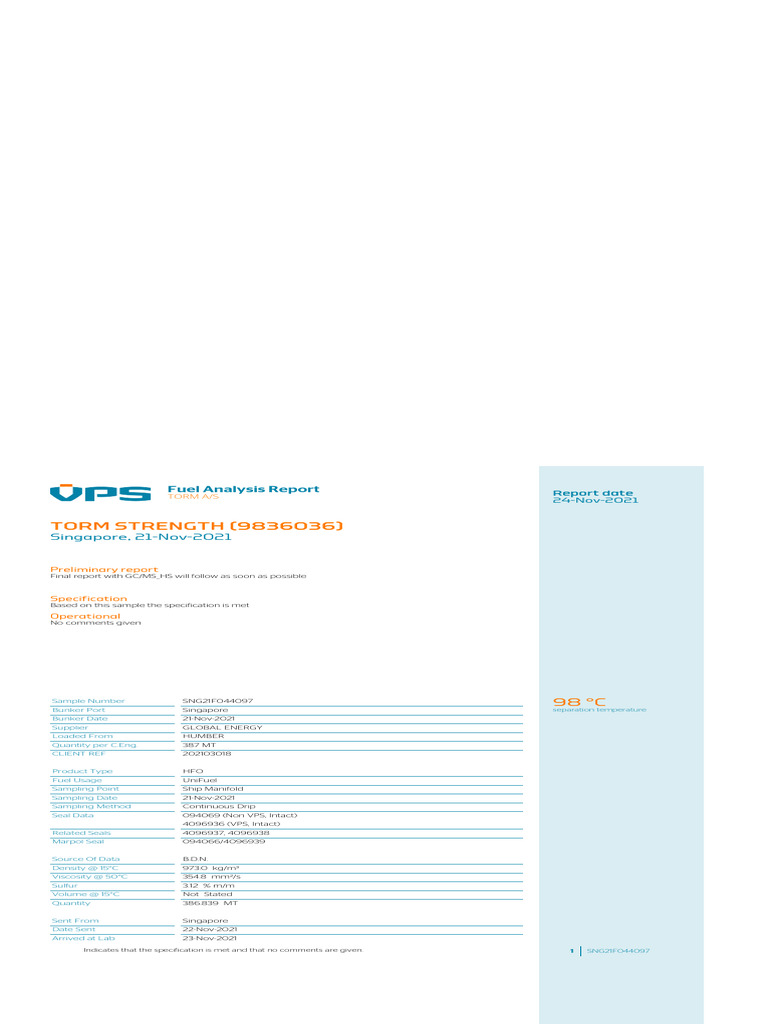 Fuel Analysis Report PDF Fuel Oil Chemical Substances